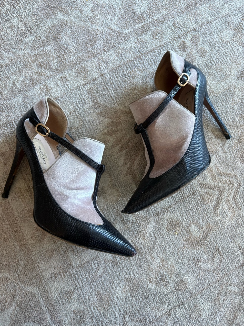 Valentino Black Leather and Blush Suede Mary Jane Pointed Heels